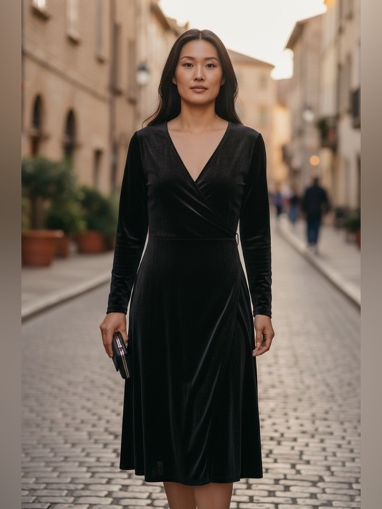 Dresses & Skirts - Chico’s Travelers Black Velvet Wrap Dress Size 2 Elegant Midi Stretch